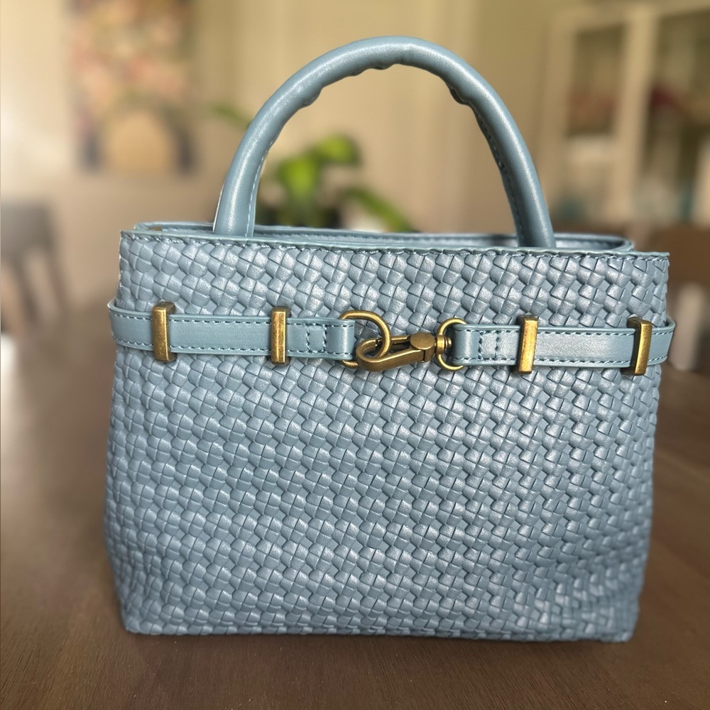 Woven Light Blue Top-Handle Crossbody Shoulder Tote HandBag Like New